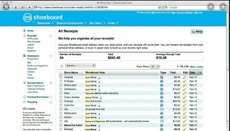 shoeboxed software screenshot
